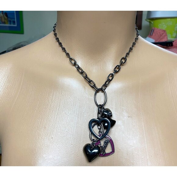 Guess Silver-Tone Heart Charm Necklace With Pink Enamel & Rhinestone Accents For - Picture 1 of 9